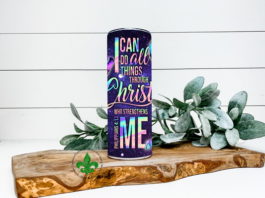 Purple I Can Do All Things Through Christ Faith Tumbler, 20 Oz. Insulated Tumbler with Lid and Straw