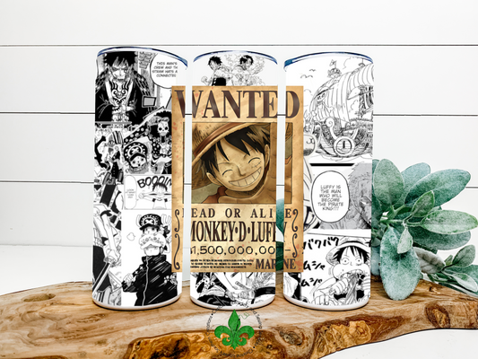 Luffy Wanted Poster  Inspired Tumbler, 20 Oz. Insulated Tumbler with Lid and Straw