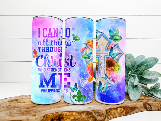 I Can Do All Things Through Christ Faith Tumbler, 20 Oz. Insulated Tumbler with Lid and Straw