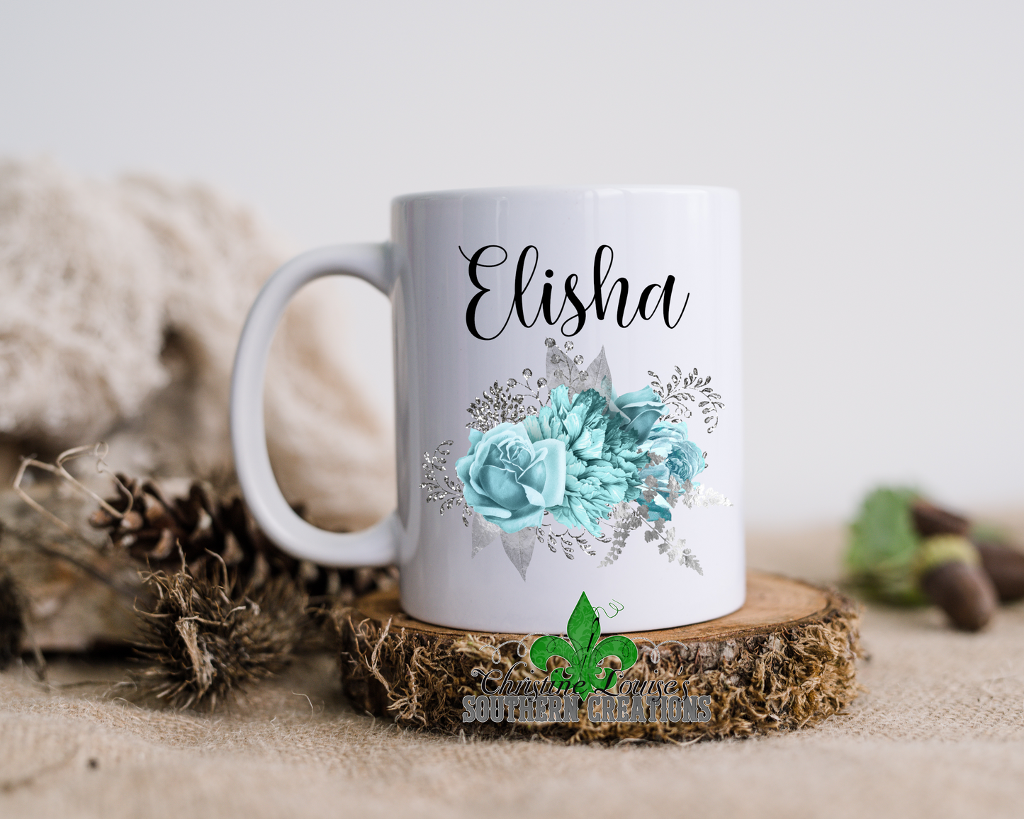 Aqua And Silver Floral Bouquet Personalized Name Mug