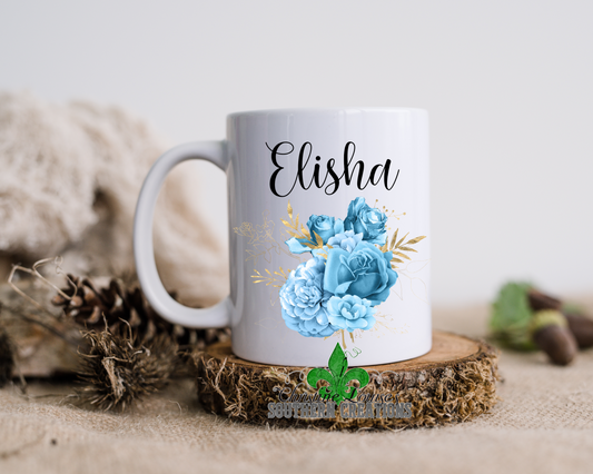 Blue And Gold Floral Bouquet Personalized Name Mug