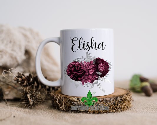 Burgundy And Silver Floral Bouquet Personalized Name Mug