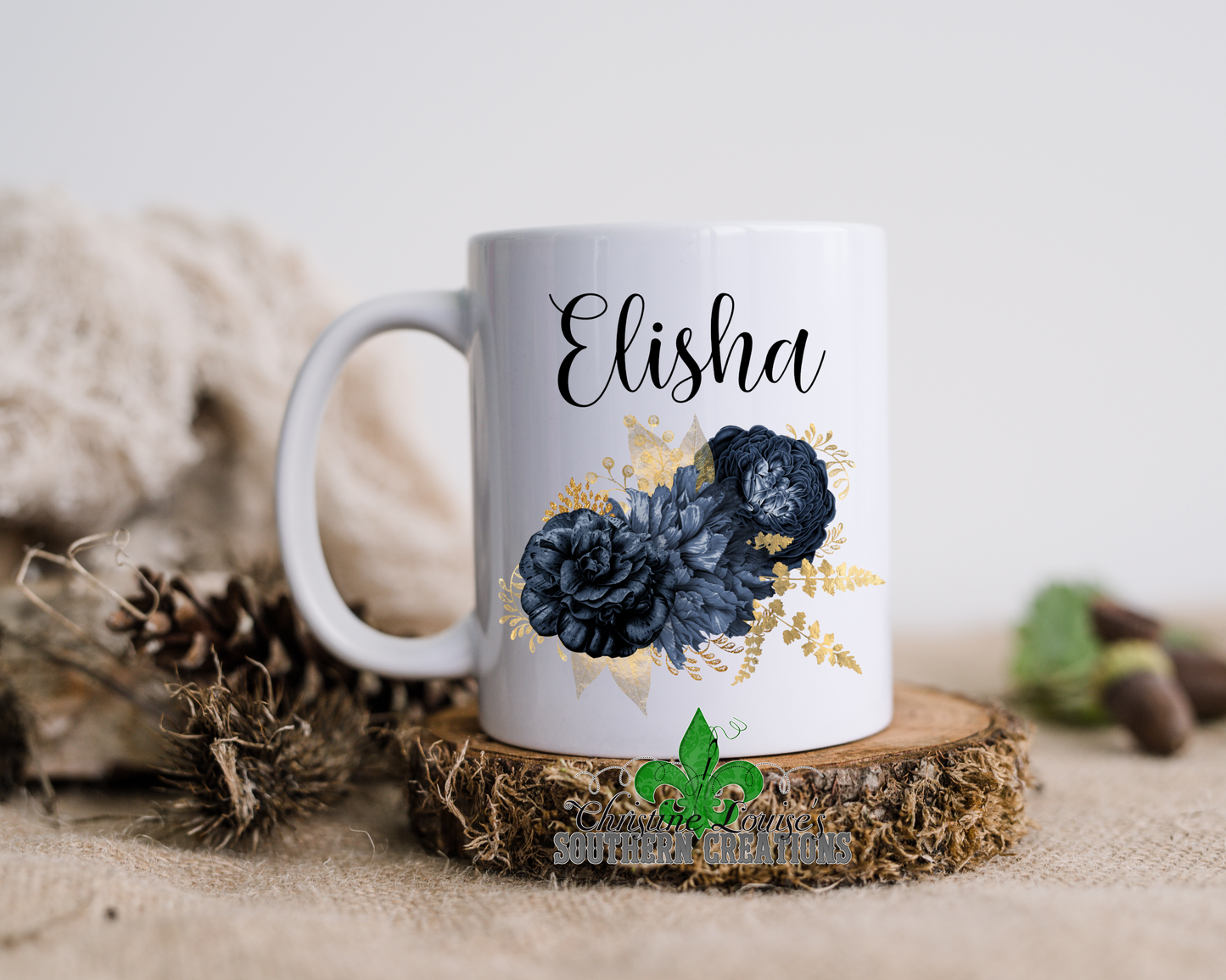 Navy And Gold Floral Bouquet Personalized Name Mug