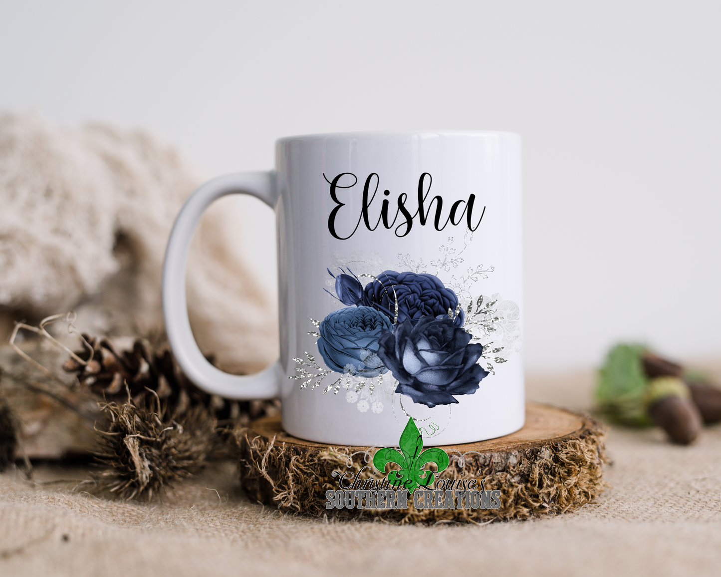 Navy And Silver Floral Bouquet Personalized Name Mug