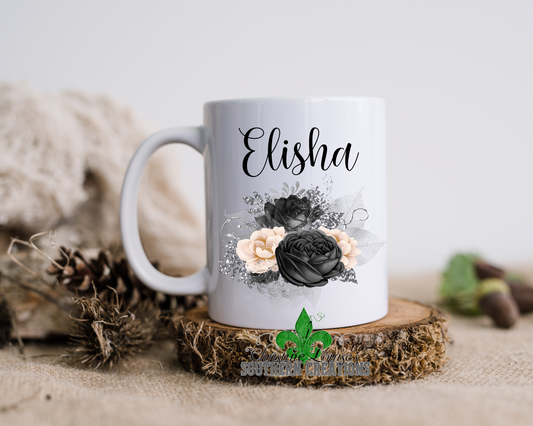 Peach and Black Floral Bouquet Personalized Name Mug