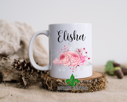 Pink And Silver Floral Bouquet Personalized Name Mug