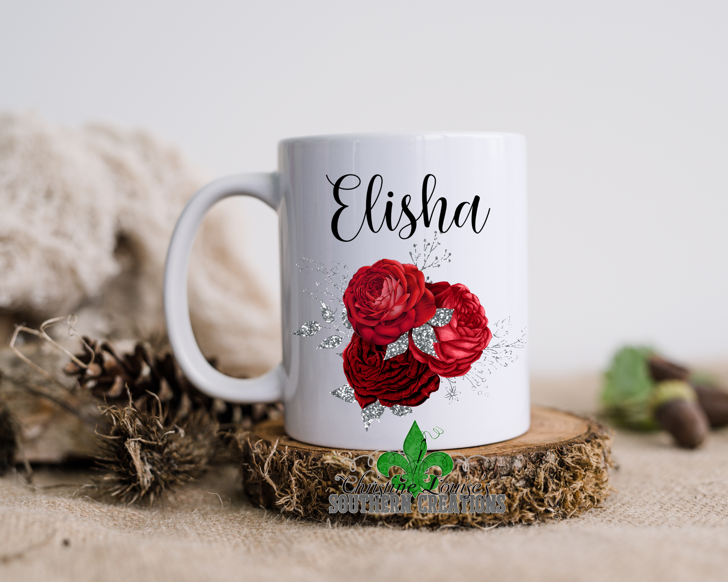 Red And Silver Floral Bouquet Personalized Name Mug