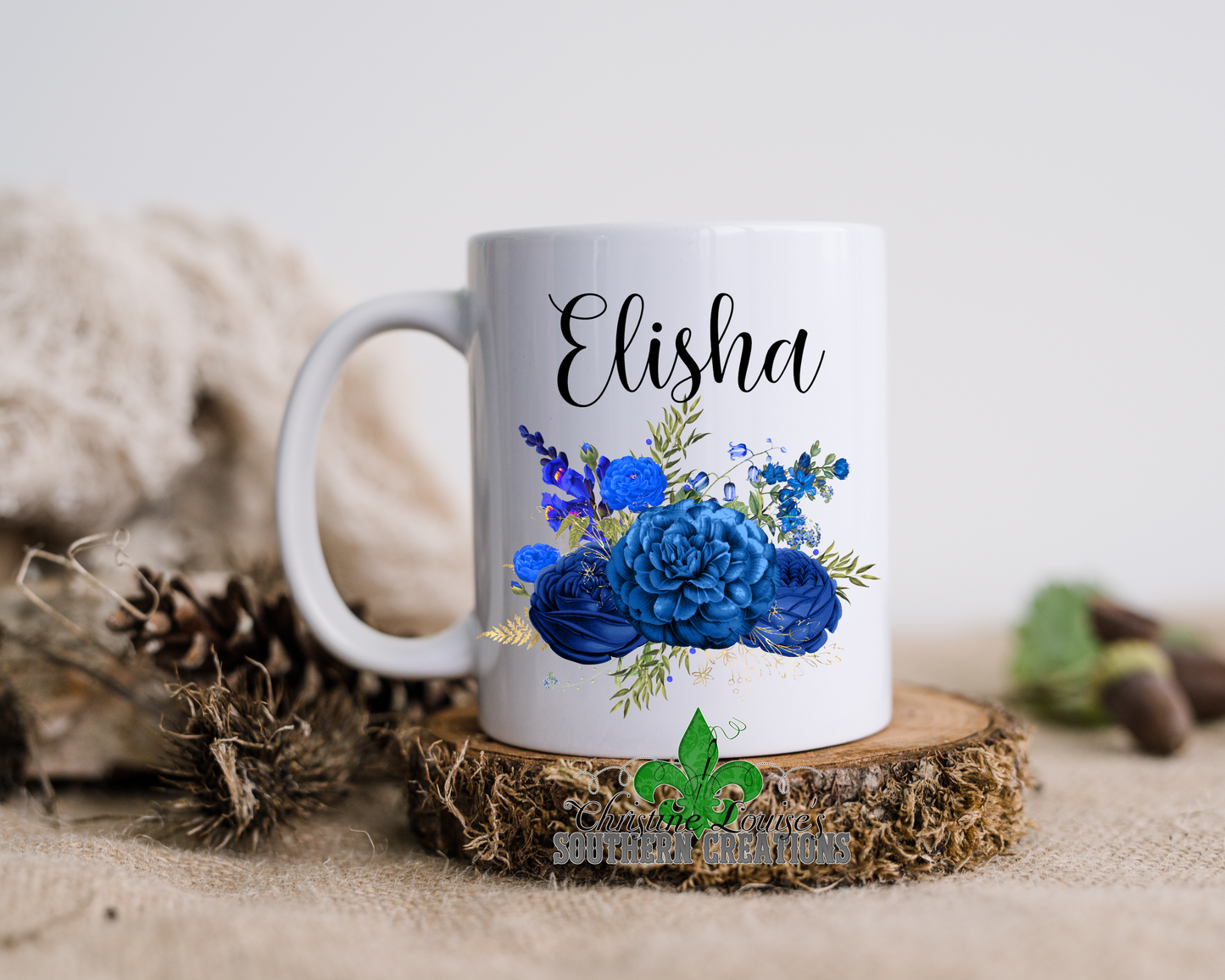 Royal Blues Floral Bouquet Personalized Name Mug