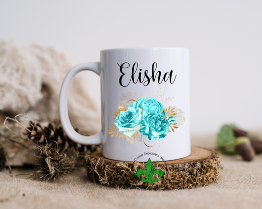 Teal And Gold Floral Bouquet Personalized Name Mug