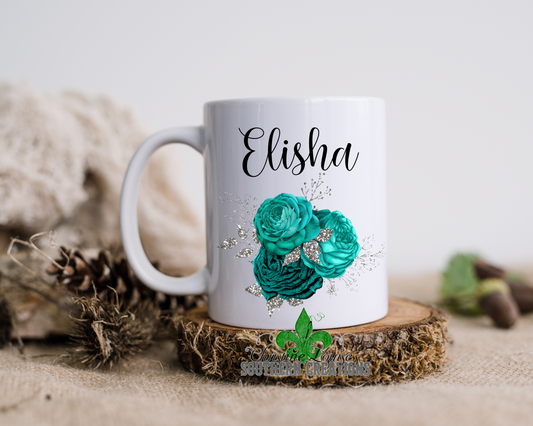 Teal And Silver Floral Bouquet Personalized Name Mug