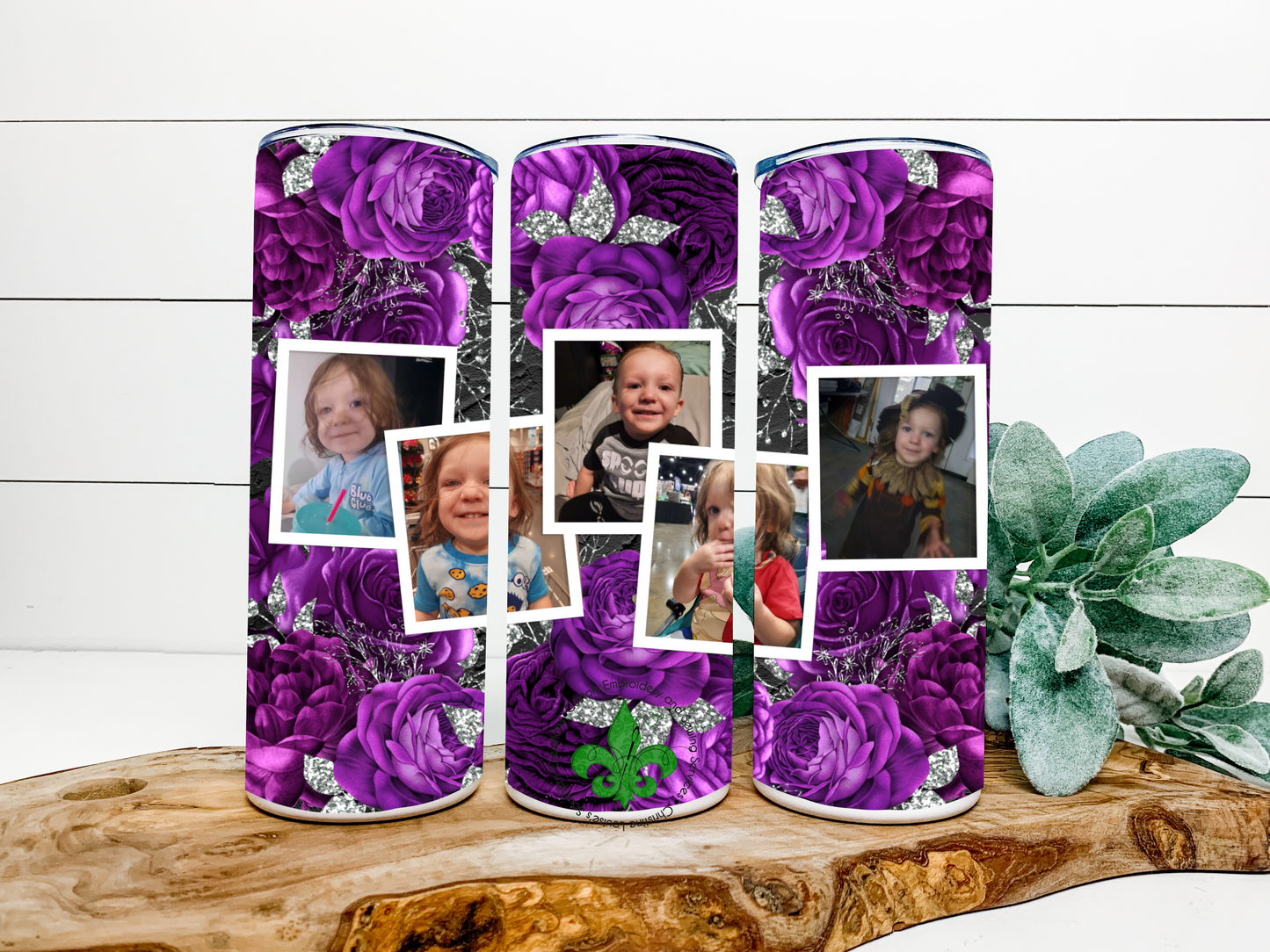 Photo Frame Purple Flowers Personalized Name Tumbler, 20 Oz. Insulated Tumbler with Lid and Straw