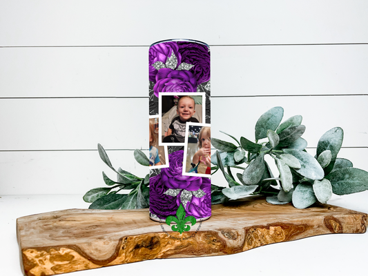 Photo Frame Purple Flowers Personalized Name Tumbler, 20 Oz. Insulated Tumbler with Lid and Straw